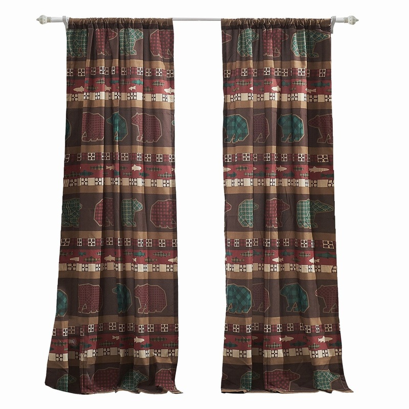 4 Piece Polyester Window Panel Set with Bear and Salmon Print, Multicolor