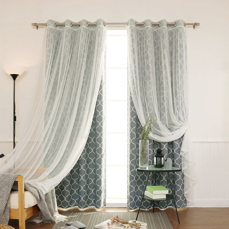 Aurora Home Mix & Match Quatrefoil Room Darkening and Lace Sheer 4 Piece Curtain Panel Set - 52"W x 84"L