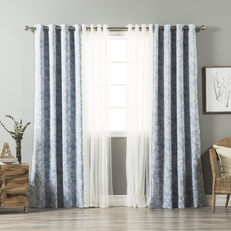 Aurora Home Mix & Match Henna Flower and Tulle Sheer 4 Piece Curtain Panel Set - 52 x 84