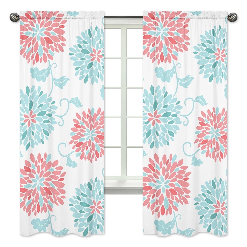 Sweet Jojo Designs Emma Collection Coral/Turquoise/White Microfiber Curtain Panel Pair