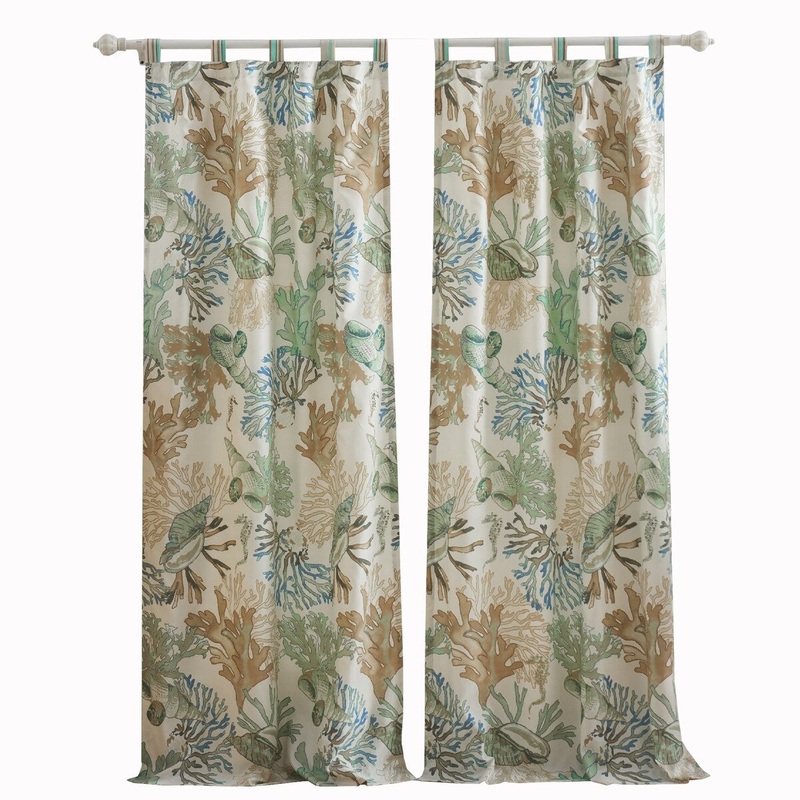 4 Piece Polyester Window Panel Set with Coral Print, Jade Green and White