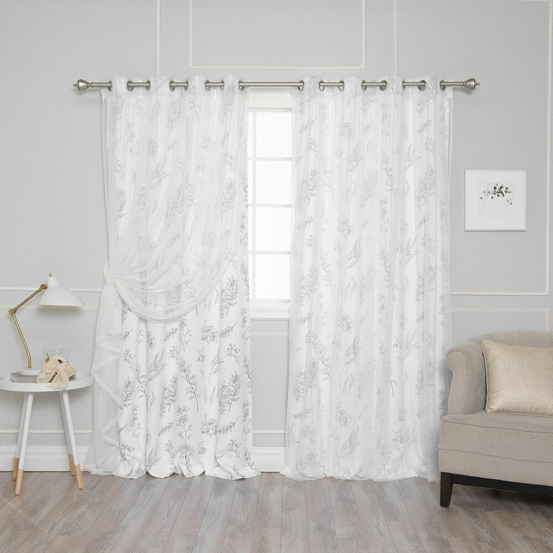 Aurora Home Mix & Match Botanical Privacy and Tulle Sheer 4 Piece Curtain Panel Set