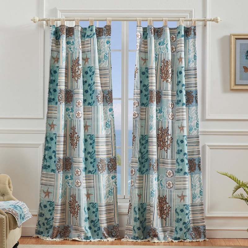 Sea Life Print Curtain Panel with Tie Backs, Set of 4, Blue and Brown