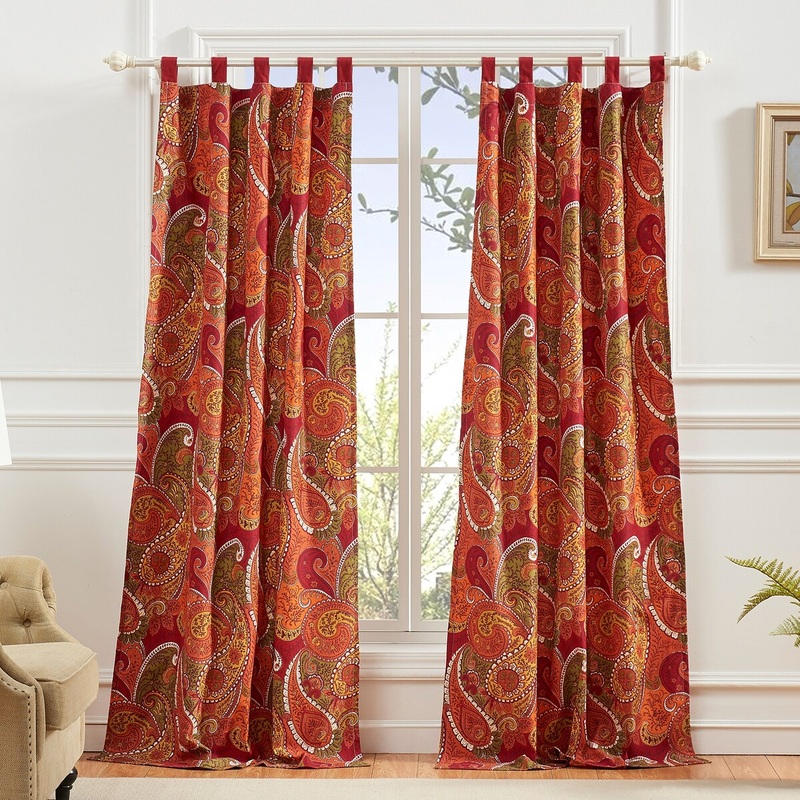 4 Piece Polyester Window Panel Set with Paisley Print, Cinnamon Red