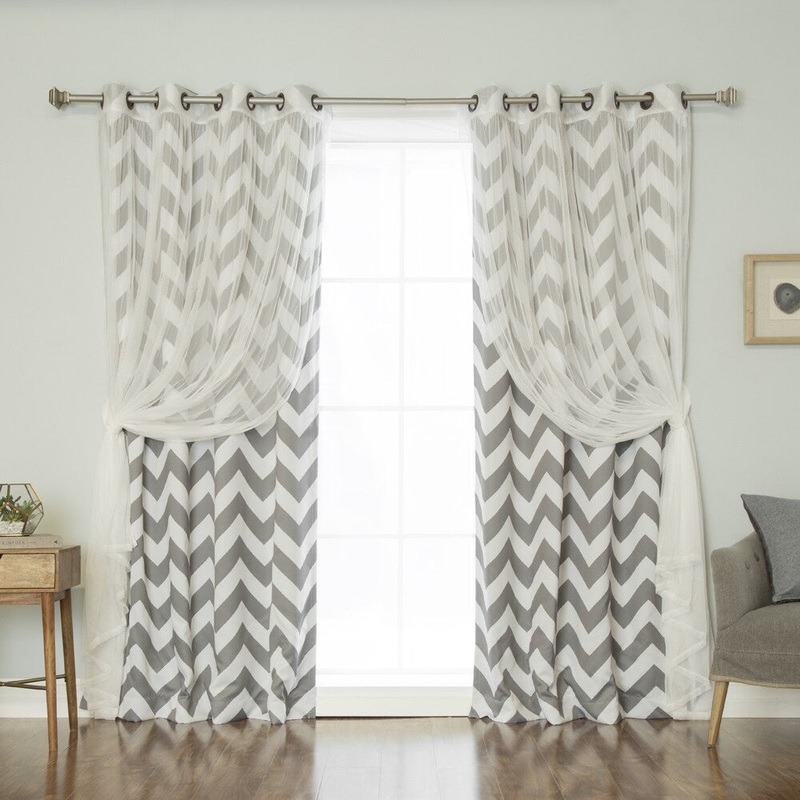 Aurora Home Mix & Match Chevron Print and Tulle Sheer 4 Piece Curtain Panel Set