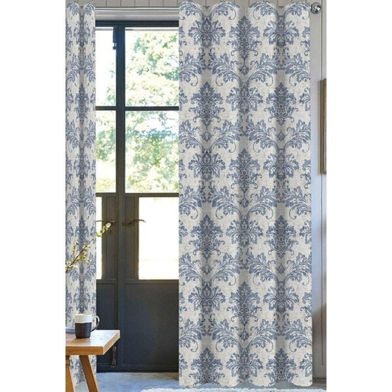 Cara Damask Blue Designer Organic Cotton Drapery Panel
