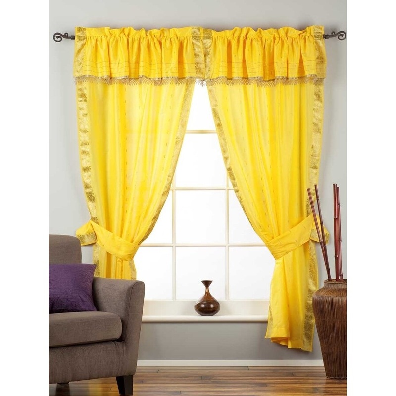 Yellow Rod Pocket w/ attached Beaded Valance Sheer Sari Curtains - Pair - 43" W X 84" L (Inches)