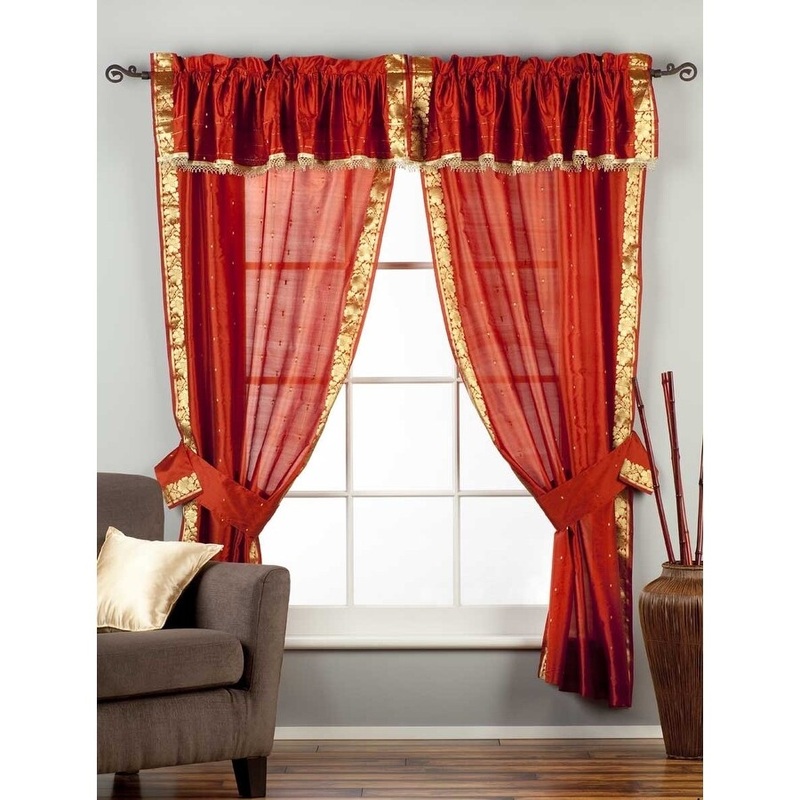 Rust Rod Pocket w/ attached Beaded Valance Sheer Sari Curtains - Pair - 43" W X 84" L (Inches)