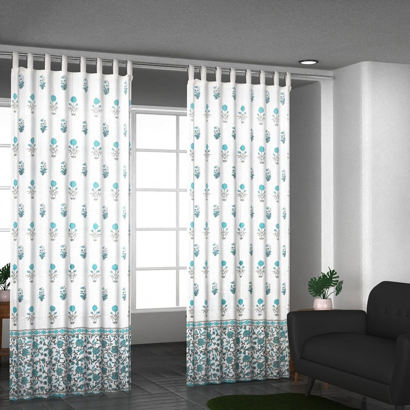 Shop LC turquoise Pair of 2 Screen Printed Cotton Mull Badroom Curtains with Tie Back Loop Quick Drying 2 Bedroom Curtains