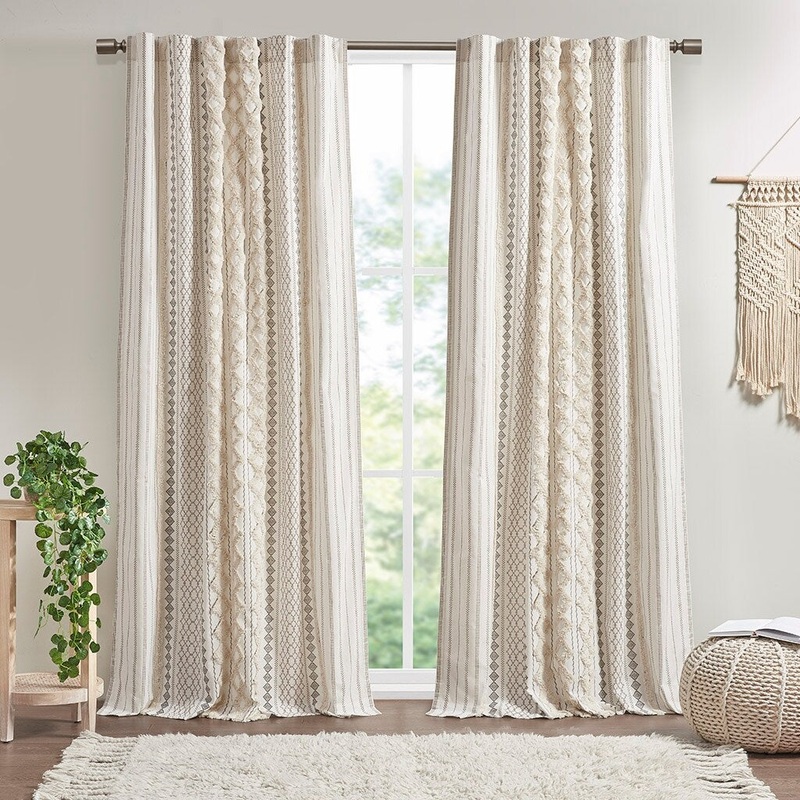 100% Cotton Printed Curtain Panel with Chenille Stripe and Lining, Privacy-Enhancing Curtains for Bedroom or Living Room-1 Panel