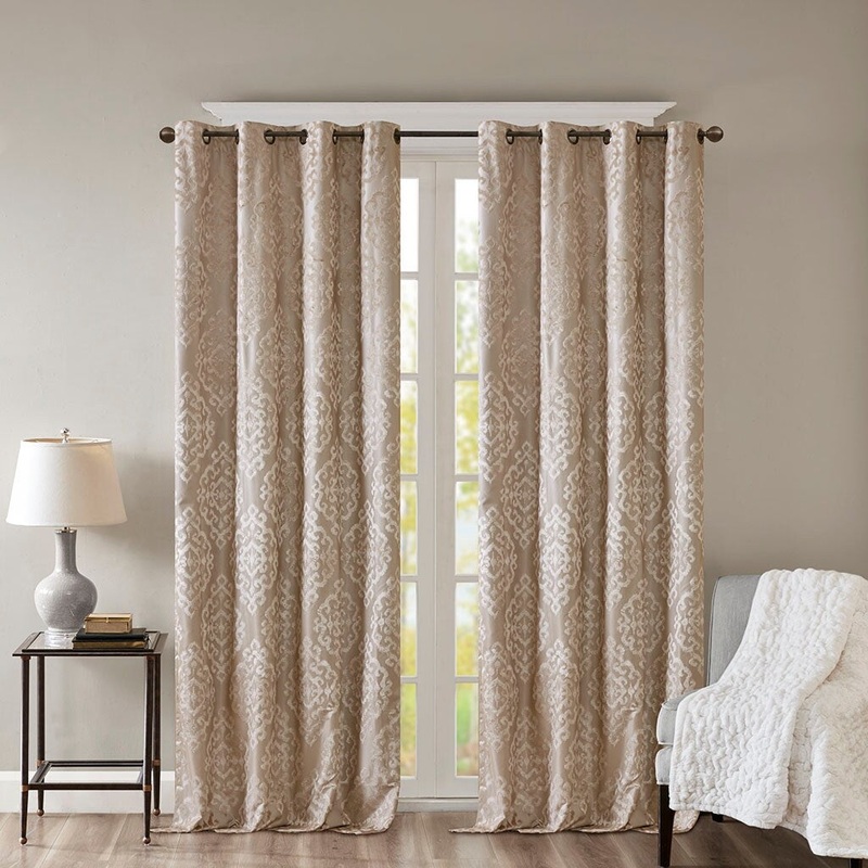 2 Panels Blackout & Noise Blocking Knitted Jacquard Damask Total Grommet Top Curtain Panel, Machine Washable Pair of Curtains