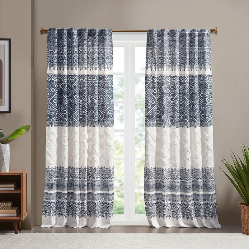 Cotton Printed with Chenille Tufted Curtain, Bohemia Window Curtain Panel Machine Washable - 50"W X 84"L