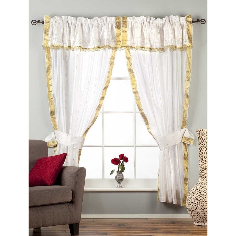 White Gold Rod Pocket w/ attached Beaded Valance Sheer Sari Curtains - Pair - 43"W X 84"L(Inches)