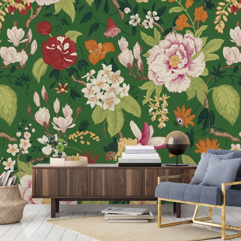 Brightly Flowers on Green Background Wallpaper