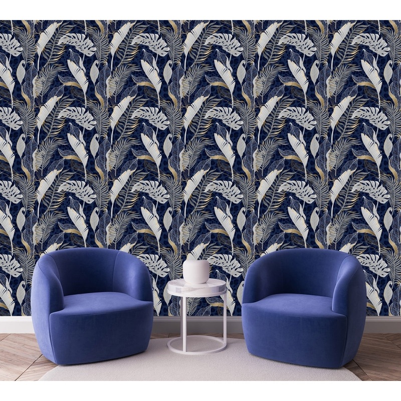 Dark Blue Wallpaper with Palm Leaves Peel and Stick and Prepasted