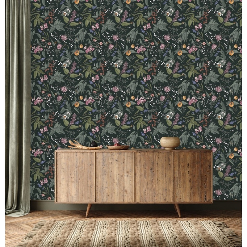 Dark Green Wallpaper with Flowers Peel and Stick and Prepasted