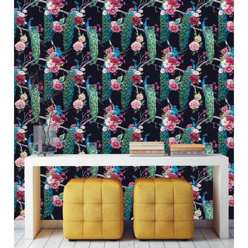 Dark Peacock Pattern Peel and Stick Wallpaper