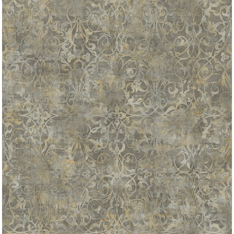 Brilliant Scrolls-Leaf/Ironwork Wallpaper, In Metallic Gold, Gray, & Chocolate