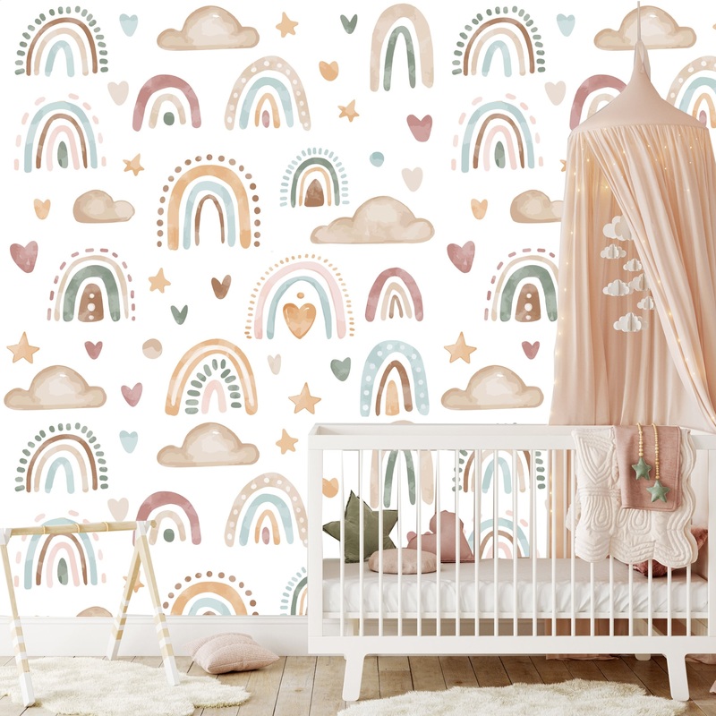 Cute Boho Rainbows and Clouds Wallpaper Peel and Stick