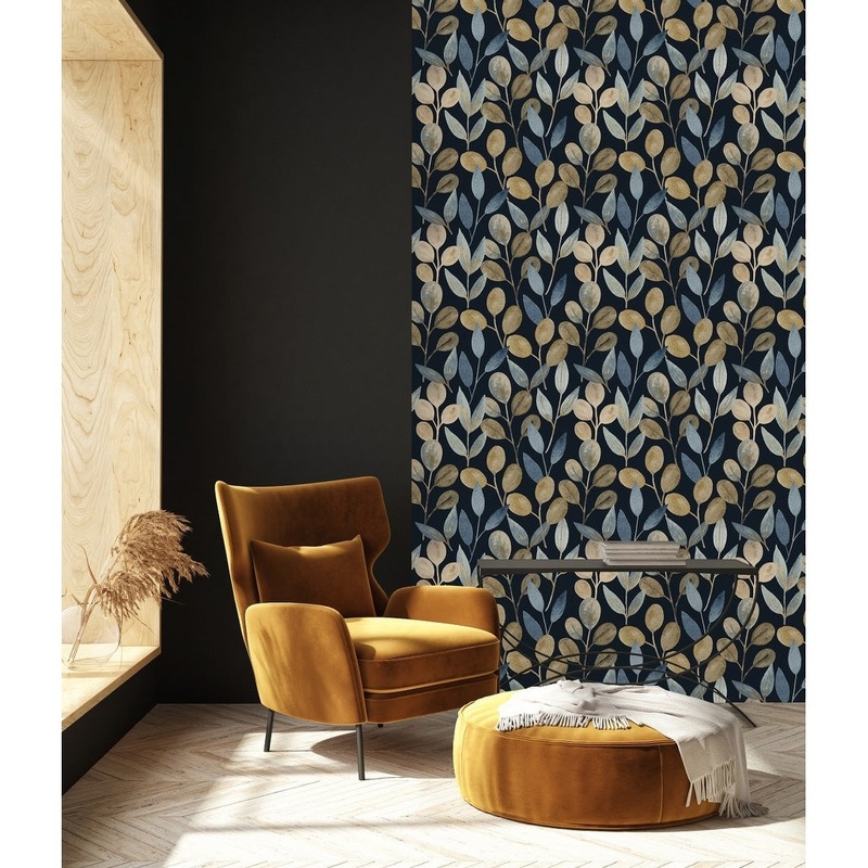 Dark Wallpaper with Gold Leaves Peel and Stick and Prepasted