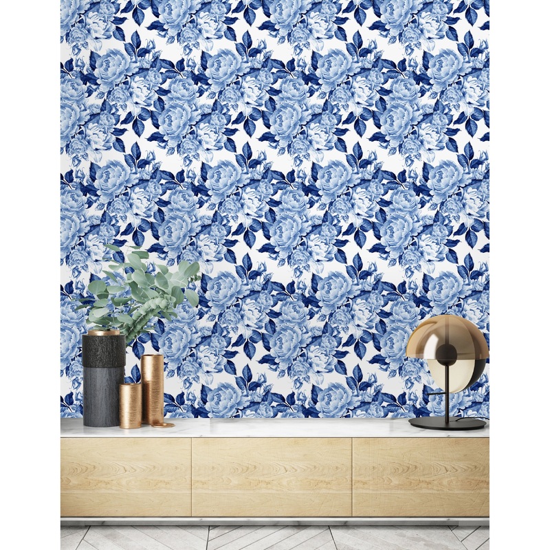 Flowers in Chinoiserie Style Blue Peel and Stick Wallpaper