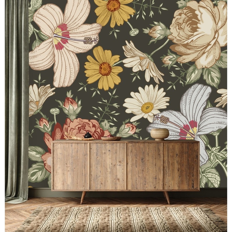 Flowers on Dark Green Background Wallpaper