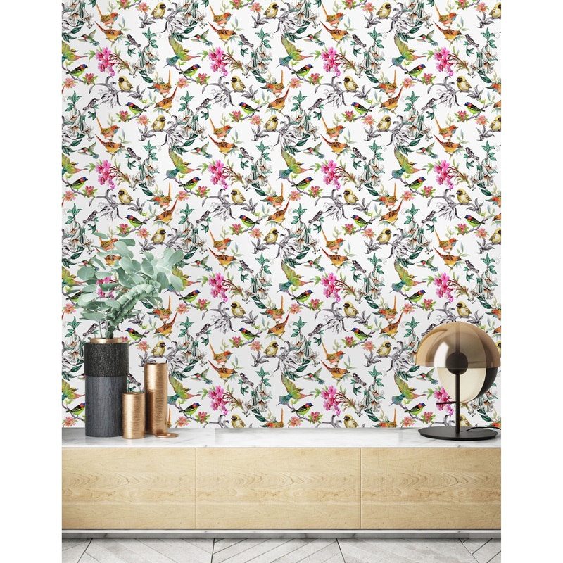 Tropical Summer Flowers and Exotic Birds Peel and Stick Wallpaper