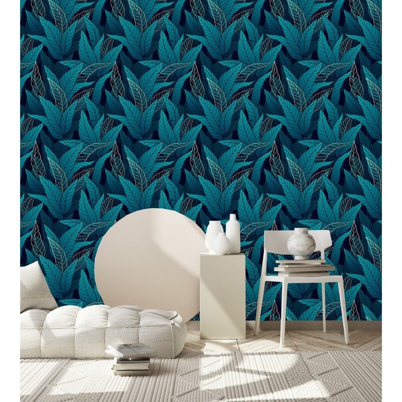 Turquoise Leaves Wallpaper Peel and Stick and Prepasted