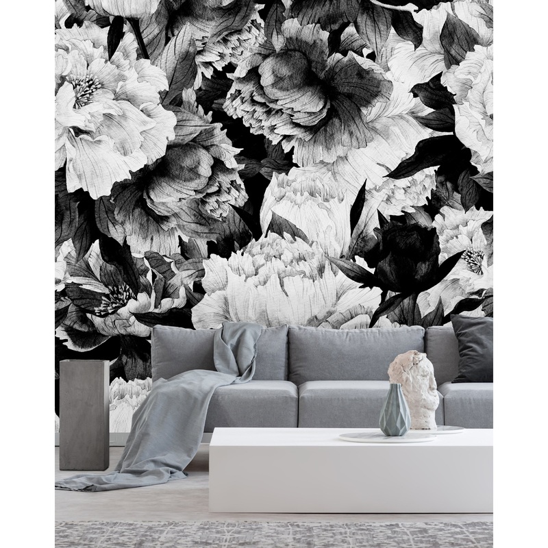 Vintage Black and White Large Flowers Wallpaper Mural