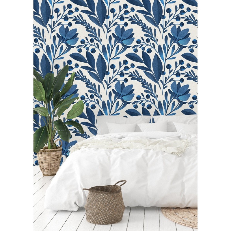 Watercolor Blue Flowers and Leaves Removable Wallpaper