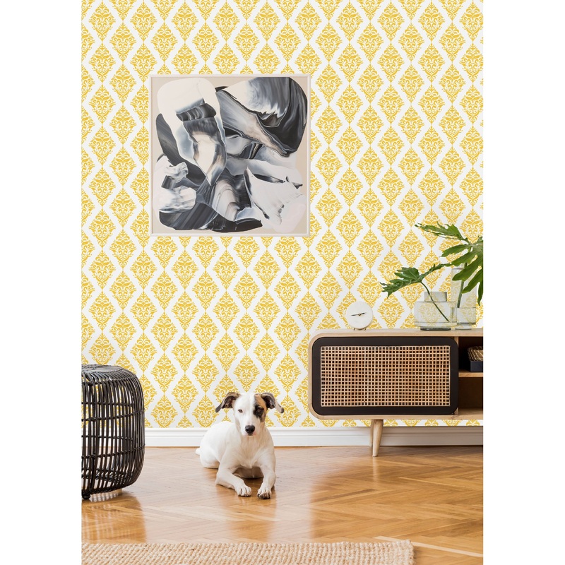 Yellow Damask Pattern Peel and Stick Wallpaper