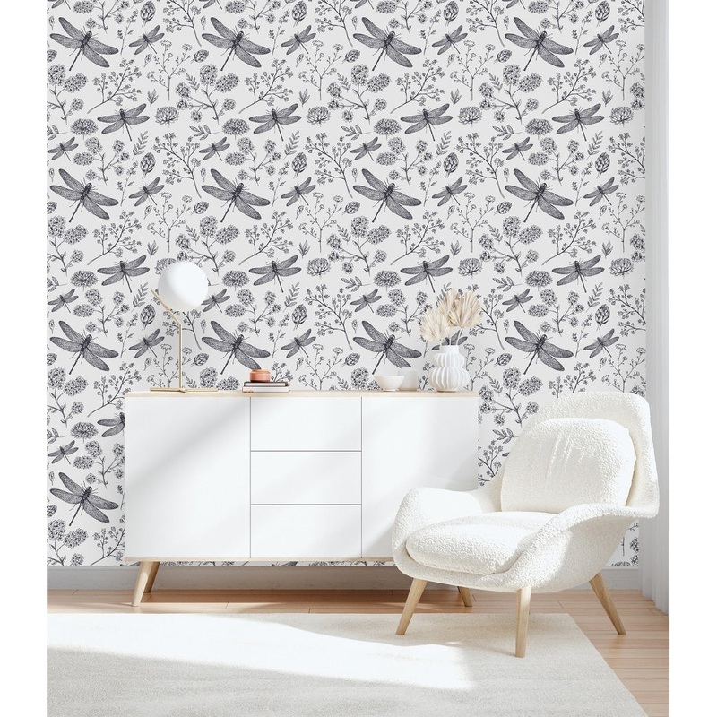 Botanical Wallpaper with Dragonflies