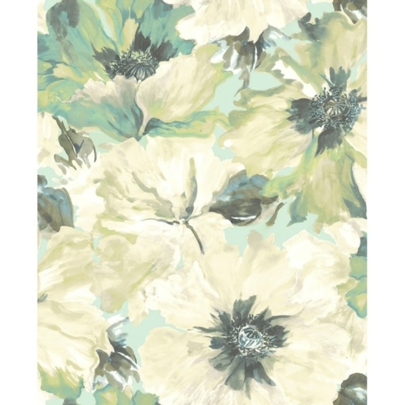 Cecita Floral Wallpaper, In Teal, Off-White, & Green