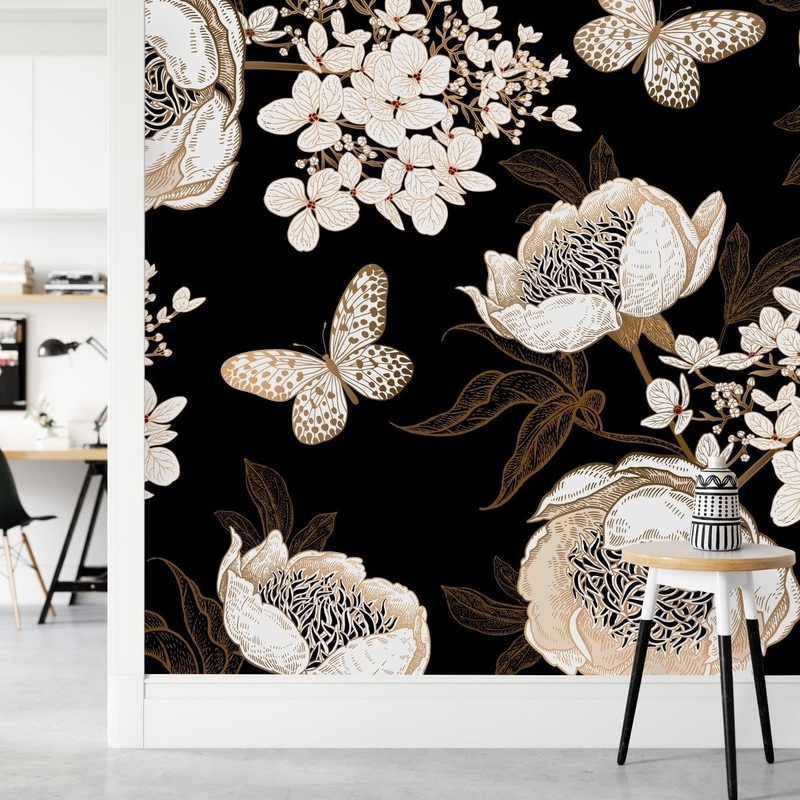 Dark Wallpaper with Butterflies and Flowers Peel and Stick and Prepasted