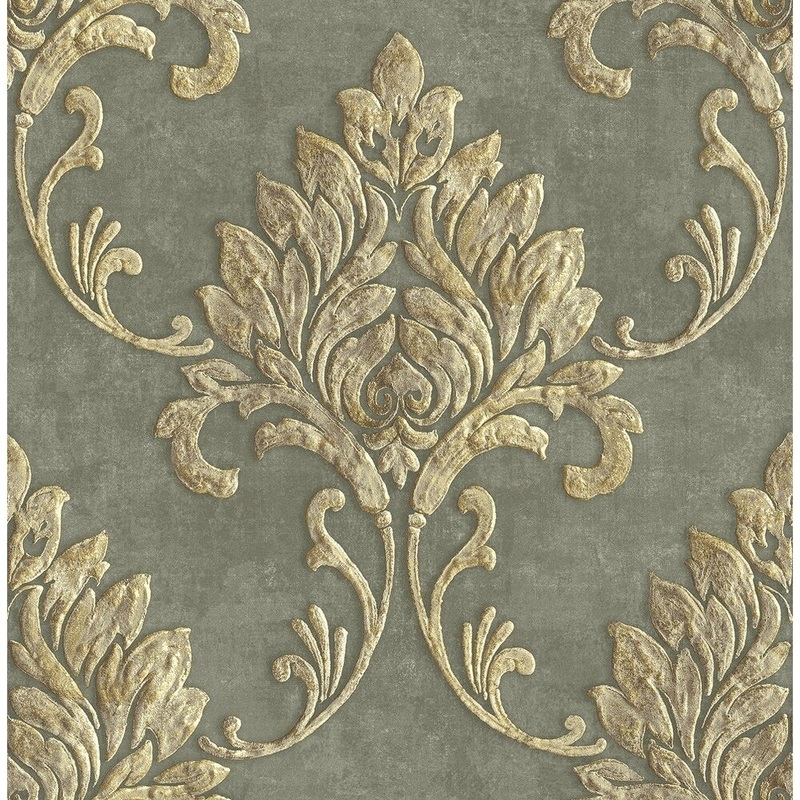 Telluride Damask Wallpaper, In Gray & Metallic Gold