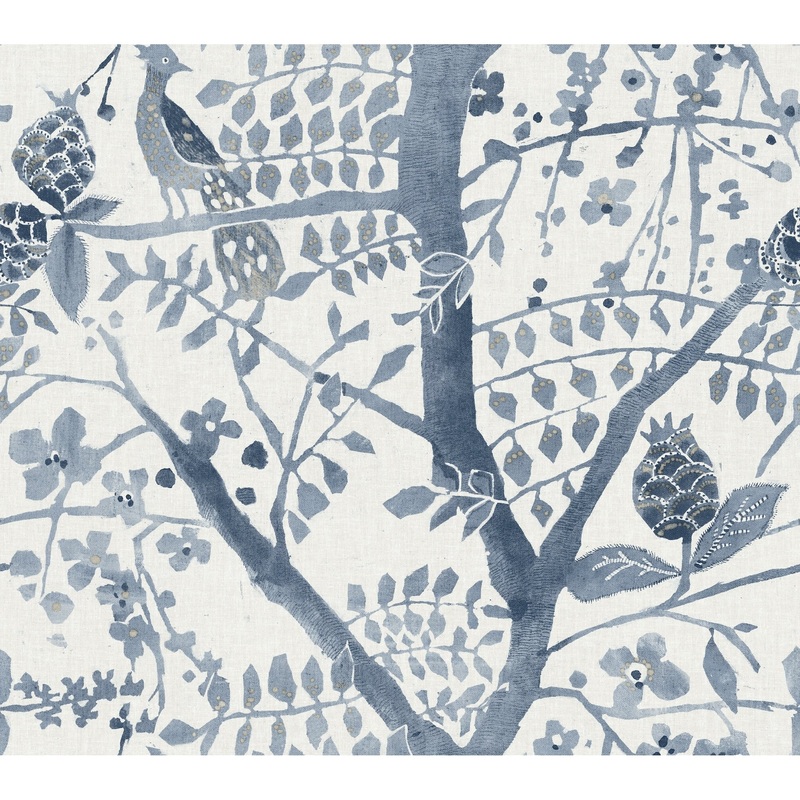 Edinburgh Blue Non-Woven Unpasted Bohemian Peacock Block Print Wallpaper Covers about 60.75 sq. ft.