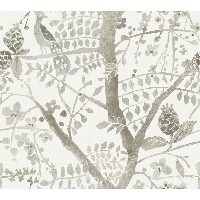Edinburgh Off White Non-Woven Unpasted Bohemian Peacock Block Print Wallpaper Covers about 60.75 sq. ft.