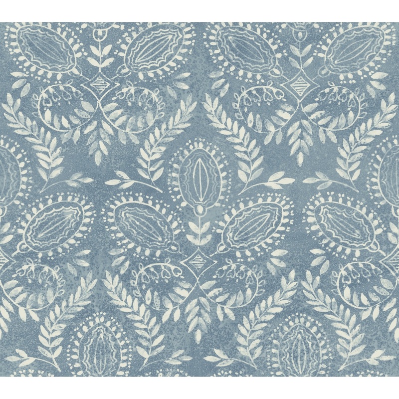 Eugene Blue Non-Woven Unpasted Bohemian Laurel Damask Wallpaper Covers about 60.75 sq. ft.