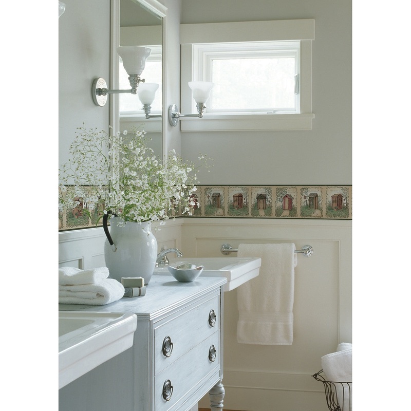 Americana Mamie Fisher Sage Country Outhouses 15' L X 6.68 W Wallpaper Border