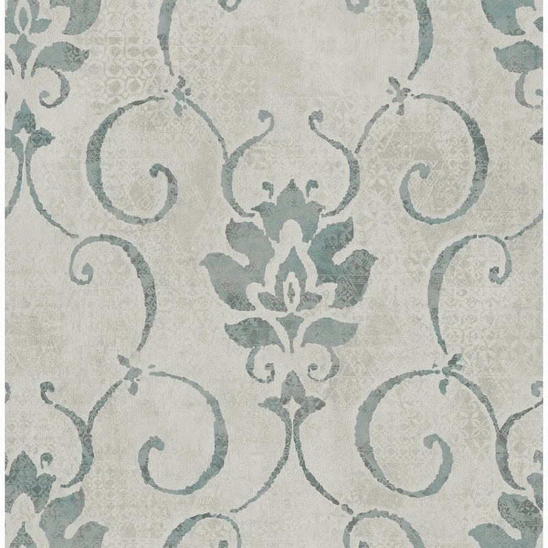 Brilliant Damask Wallpaper, In Pacific Rim & Gray