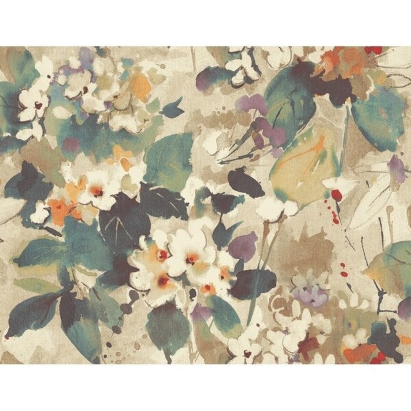 Chambon Floral/Leaves/Grass Wallpaper, In Ocean Blue, Latte, & Orange - 27 in x 26 ft