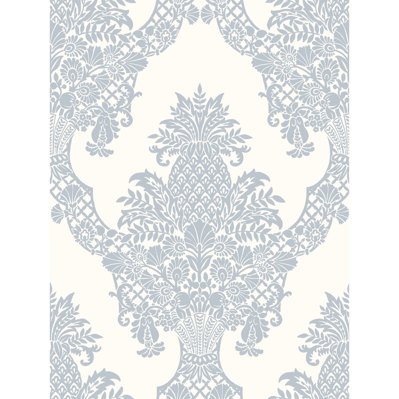 Franconville Periwinkle/White Sure Strip Prepasted Damask Pineapple Plantation Wallpaper Covers about 60.75 sq. ft.