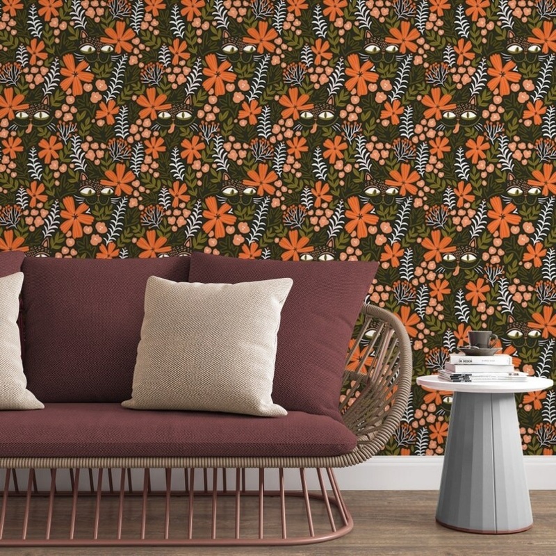 Cat Floral Pattern Wallpaper