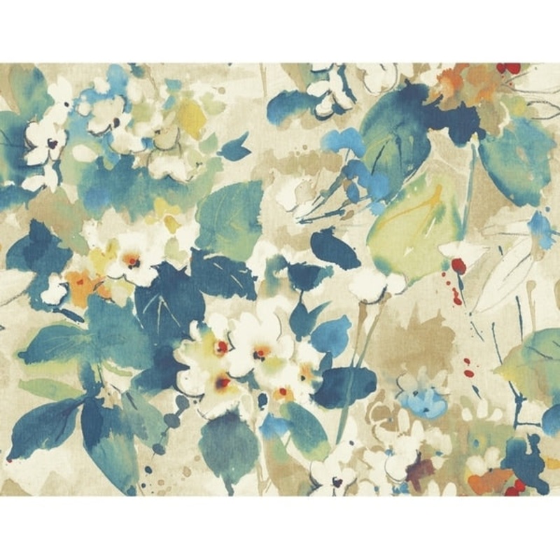 Chambon Floral/Leaves/Grass Wallpaper, In Cerulean, Tan, & Orange