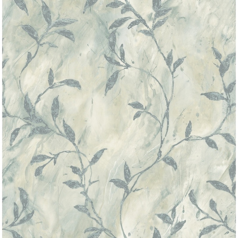 Wheatstone Leaves/Leaf Wallpaper, In Denim Blue, Gray, & Off-White