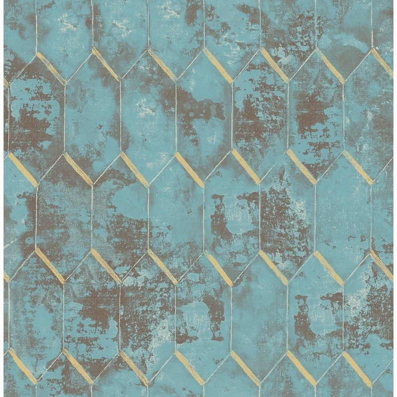 Whitney Geometric Wallpaper, In Azure Blue, Metallic Gold, & Brown - 20.5 Inches Wide X 32.81 Feet Long = 56 SQ FT.
