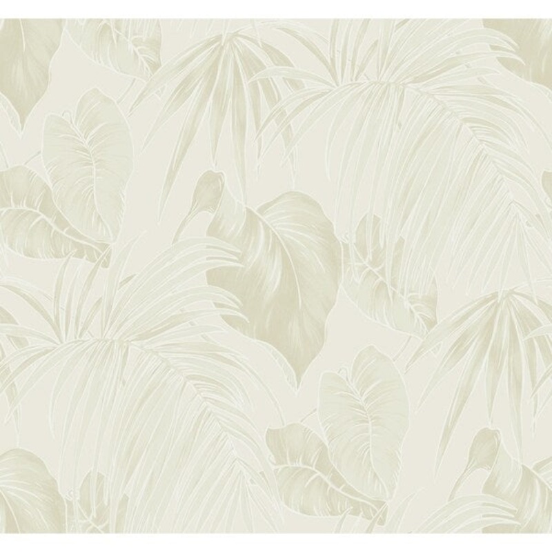 Dominica Leaves/Leaf/Tropical Wallpaper, In Metallic Gold, Off-White, & Light Tan