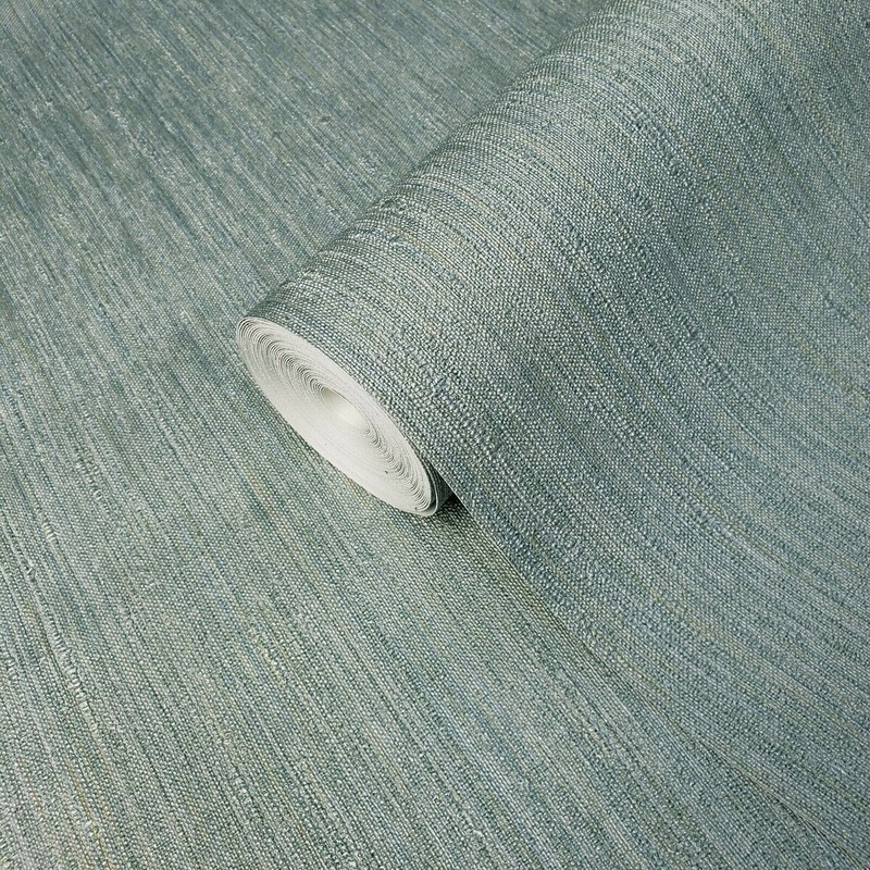 Teal green gold metallic faux fabric stria lines Wallpaper