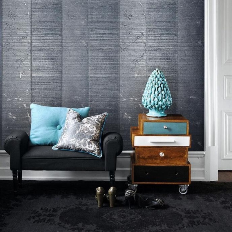 Wallpaper roll Gray Blue Metallic Textured Striped Modern stripes - 27 inc x 33 ft