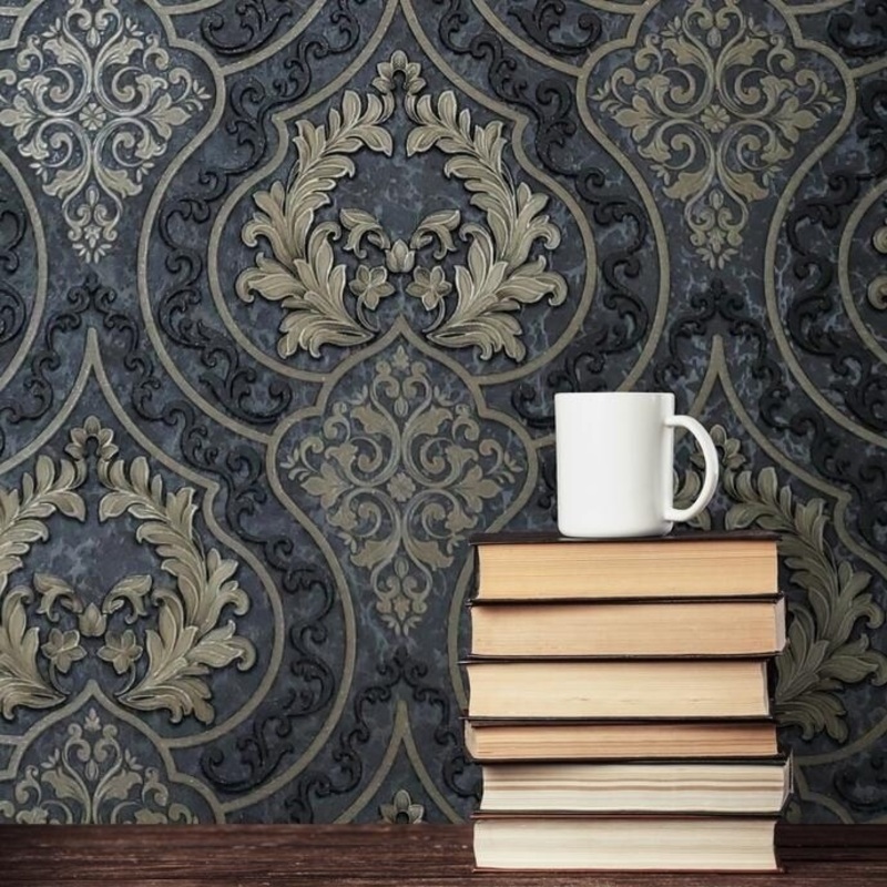 Wallpaper Victorian Damask Charcoal Grey Black bronze Metallic textured embossed